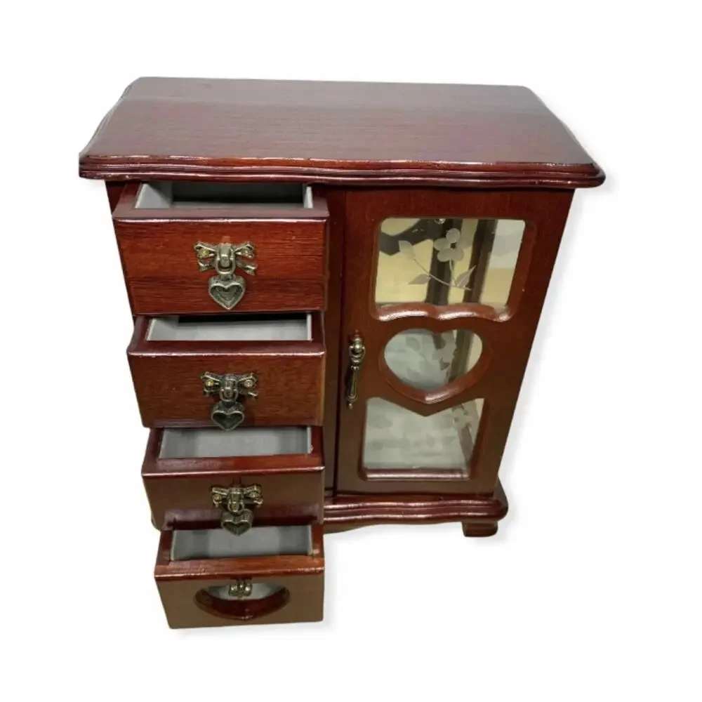 Vintage Wooden Jewelry Armoire Box Mahogany Glass Door w/ 4 drawers Grannycore